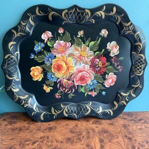 Vtg Tole Ware Tray 26"x19.5" Black Scalloped Hand Painted Flowers Metal Decor